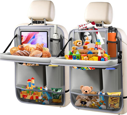 2Pack Car Backseat Organizer with Foldable Table Tray,6 Storage Pockets Car Storage Organizer with Tablet Holder,Car Seat Back Protectors Kick Mats Travel Accessories (Black)