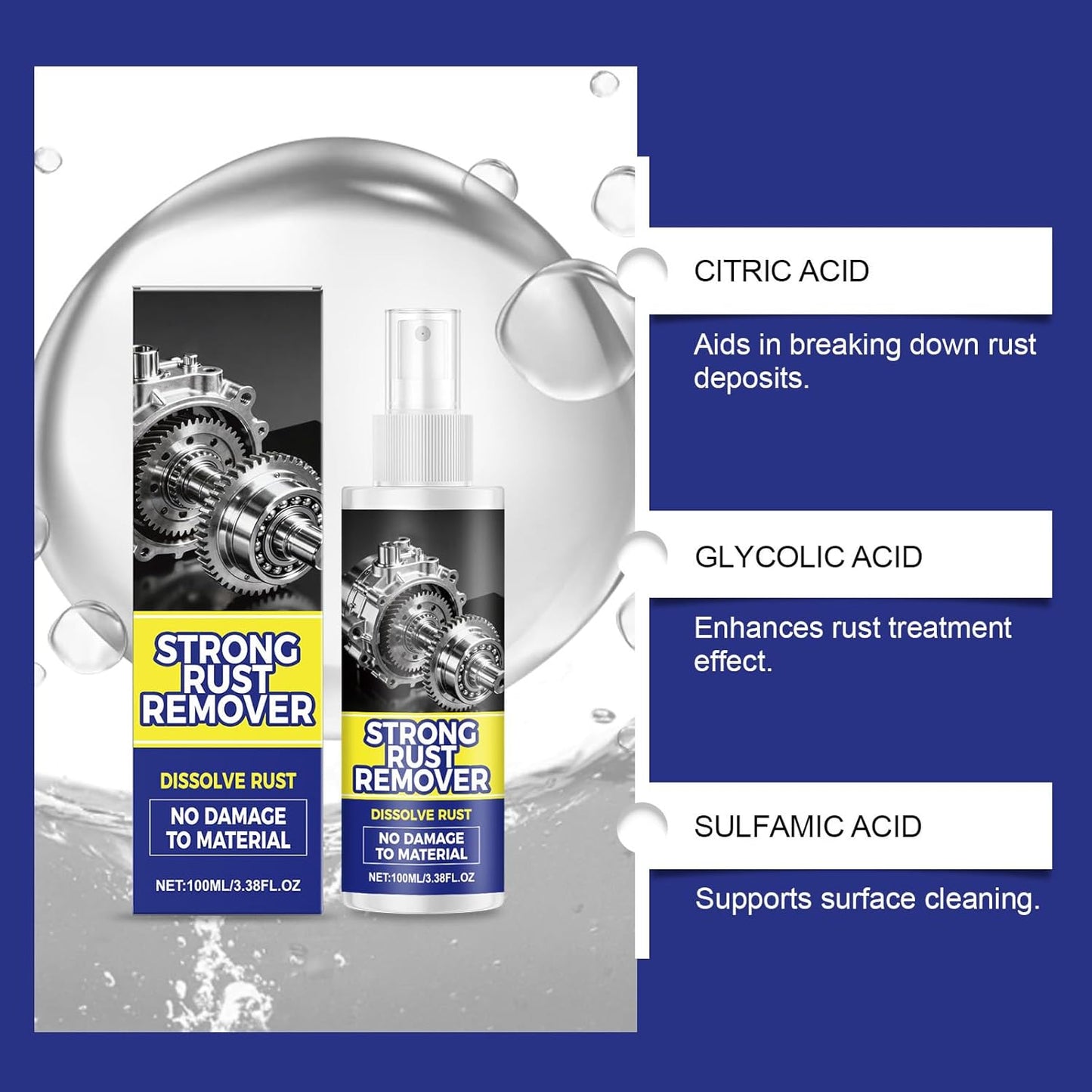 2Pcs Rust Remover Spray for Metal,2026 Upgrade Heavy Duty Metal,Multipurpose Rust Stain Remover Spray for Vehicles, Tools, Cars, Chains, Iron Out Rust Stain Remover