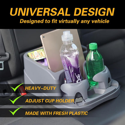 Large Size Plastic Console for Cars, Trucks, Minivans, SUVs with 2 Adjustable Drink Cup Holders Phone Book Holder, Back Bench and Front Seat or Floor Middle Console Universal Vehicle Organizer Black
