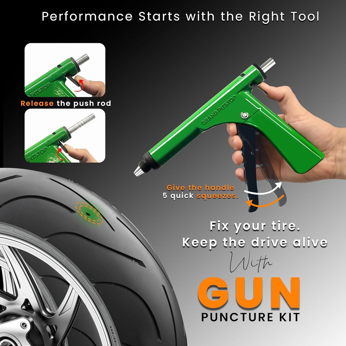 GRAND PITSTOP Tubeless Tire Gun Puncture Repair Kit with Mushroom Plug for Tyre Punctures and Flats on Cars, Motorcycles, ATV, Trucks & Tractors (Gun Puncture Kit 30 Plugs)