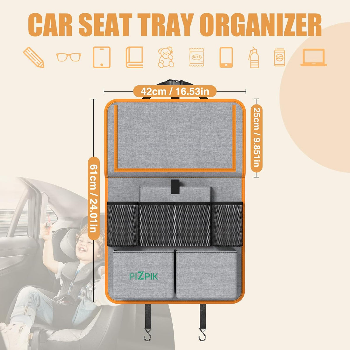 Plzpik Car Backseat Organizer with Tray(2Pack),13 Storage Pockets with Foldable Food Tray, Protector Kick Mats for Kids, Travel Accessories Organizer (Black)