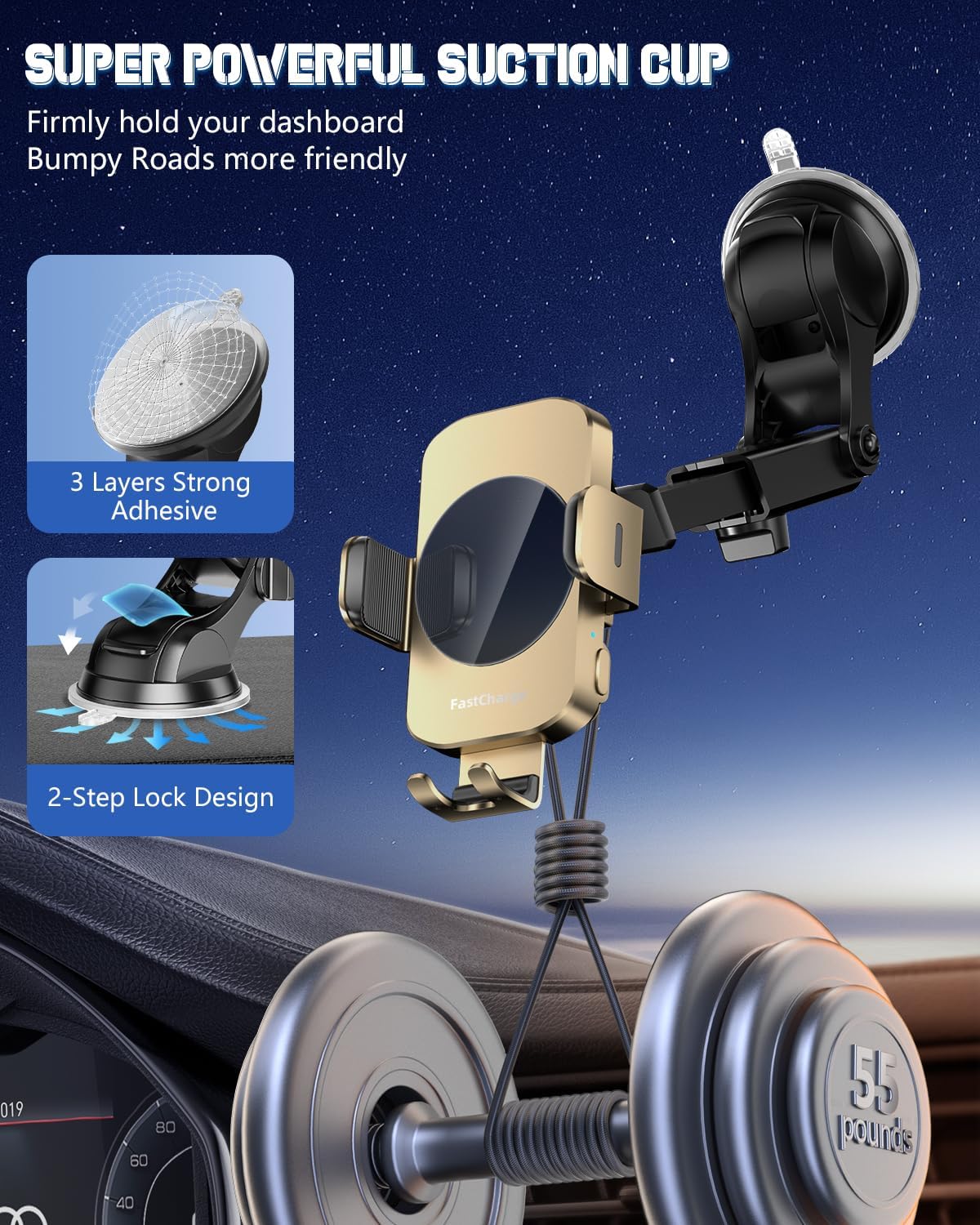 3-in-1 Wireless Car Charger Mount, 15W Fast Charging Auto-Clamping Phone Holder for iPhone 17 16 15 14, Samsung Galaxy S24 S23, Dashboard, Vent & Windshield Car Mount(Black)