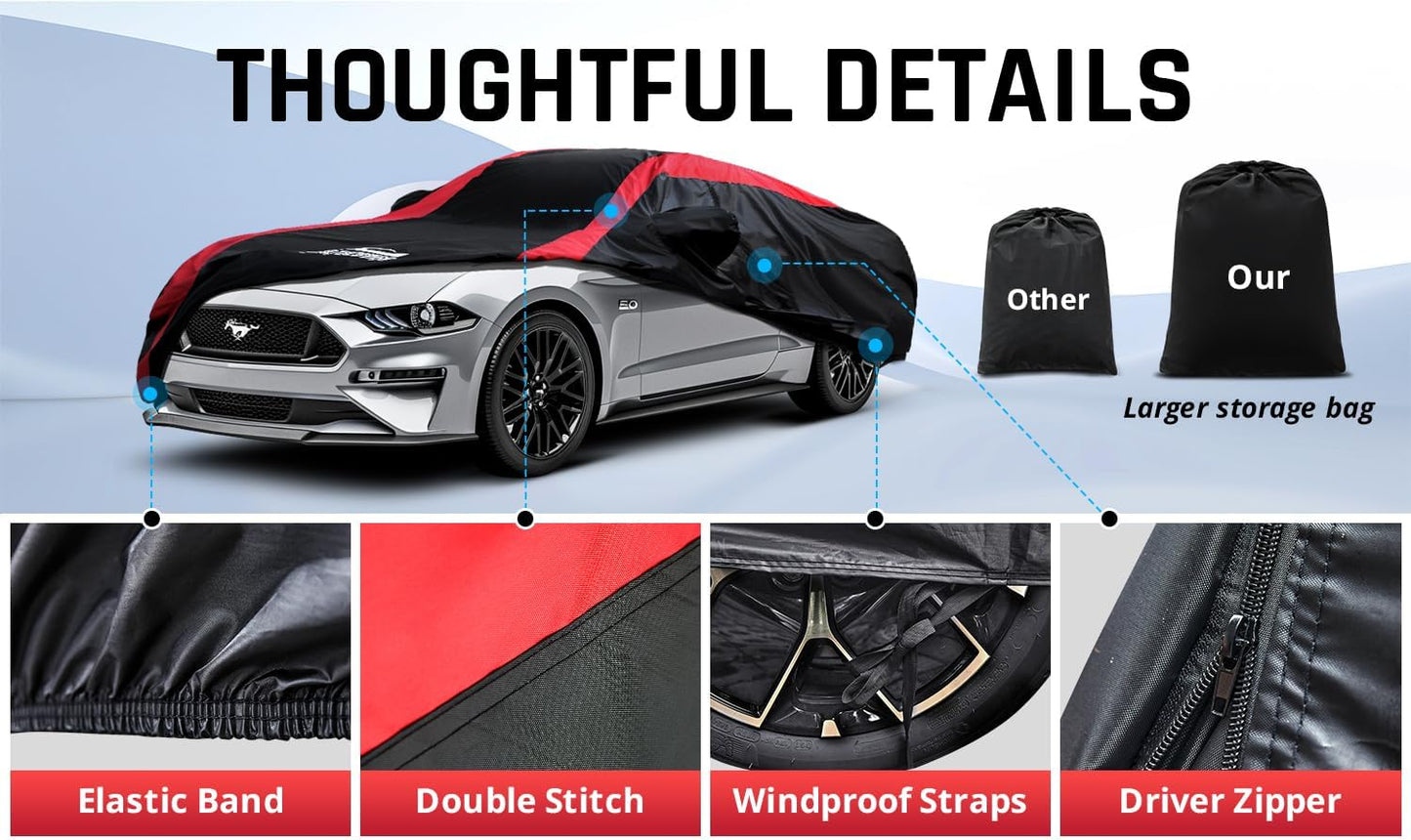 Car Cover Waterproof All Weather Protection with Red Stripe Design, Universal Fit Toyota Camry Solara, Ford Fusion, Kia Stinger Optima, Nissan Maxima, VW Passat, Subaru Legcy