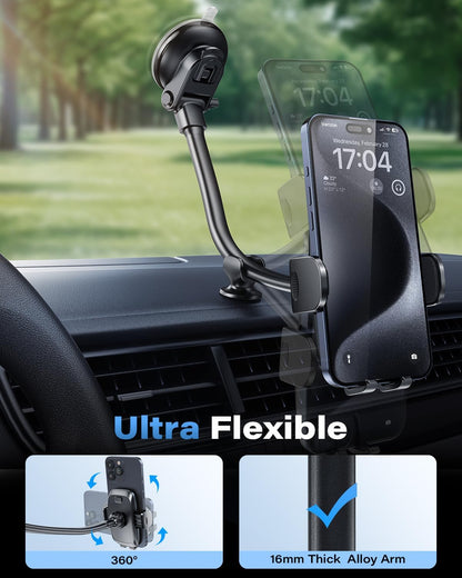 1Zero Solid Car Truck Phone Mount Holder with 14-Inch Gooseneck Long Arm, Windshield Window Mobile Holders w/Industrial-Strength Suction Cup, Anti-Shake Stabilizer Compatible All Cell Phones iPhone