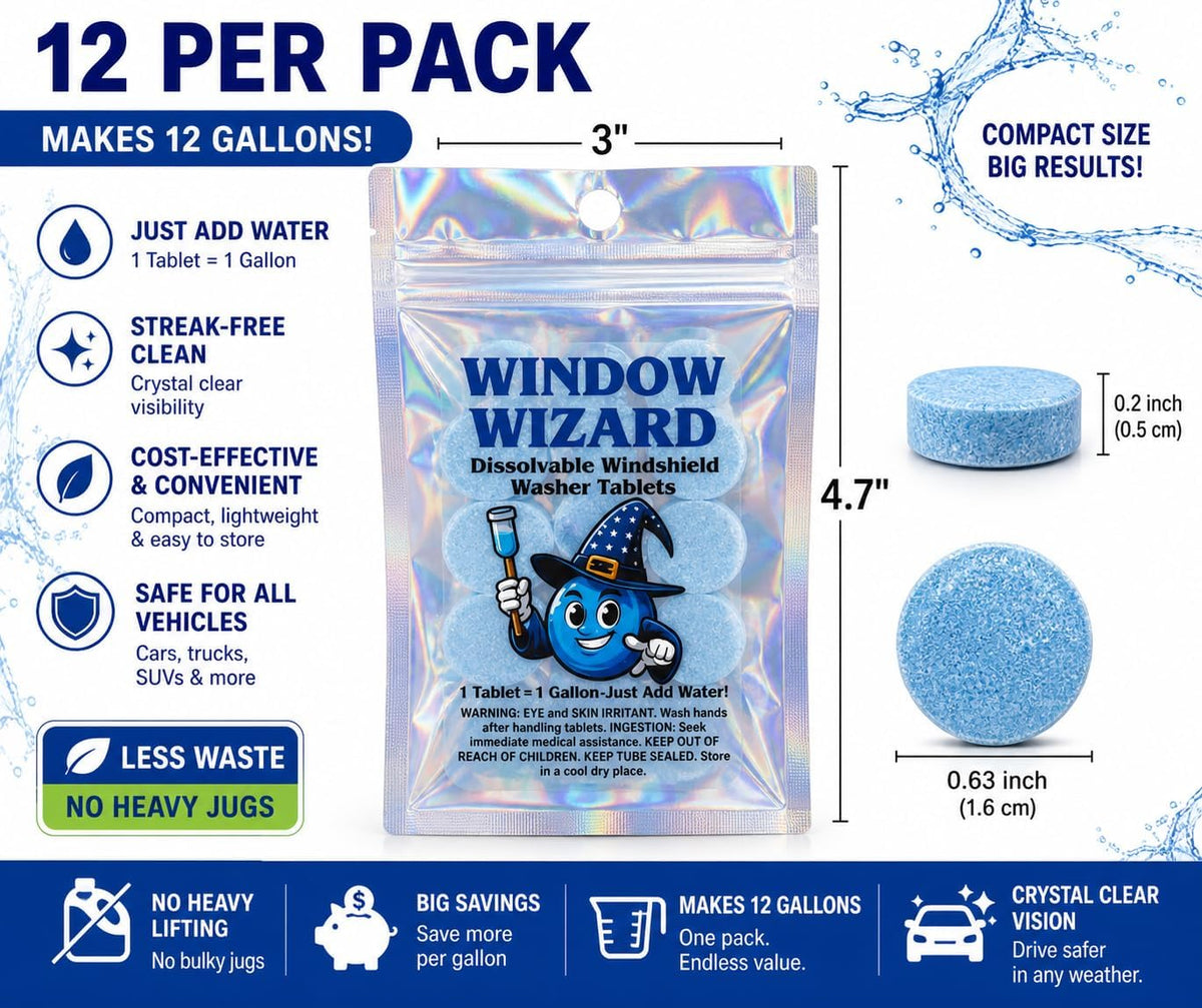 Windshield Washer Tablets – Concentrated Windshield Cleaner for Cars, Streak-Free Glass Cleaning Tablets, Easy-Mix Formula, Eco-Friendly 12 Pack