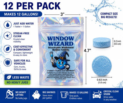 Windshield Washer Tablets – Concentrated Windshield Cleaner for Cars, Streak-Free Glass Cleaning Tablets, Easy-Mix Formula, Eco-Friendly 12 Pack