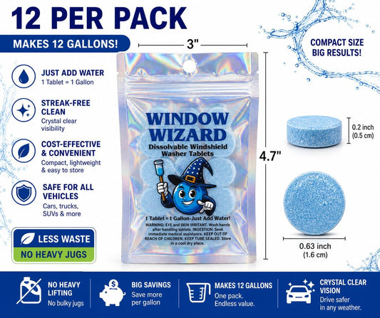 Windshield Washer Tablets – Concentrated Windshield Cleaner for Cars, Streak-Free Glass Cleaning Tablets, Easy-Mix Formula, Eco-Friendly 12 Pack