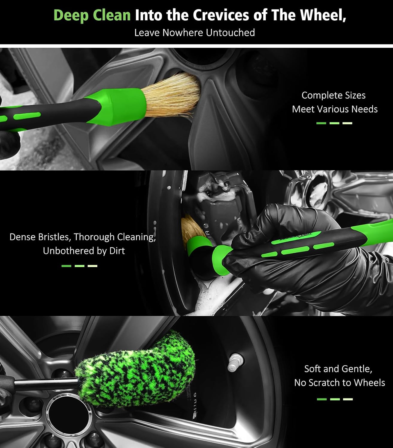 YeewayVeh 3PCS Quick Car Wheel Brush Kit, 2-Size 360° Bendale Rim Cleaner Brushes, Boars Hair Detailing Brush, Fast Scratch-Free Cleaning for Car Wheels, Motorcycle, Green