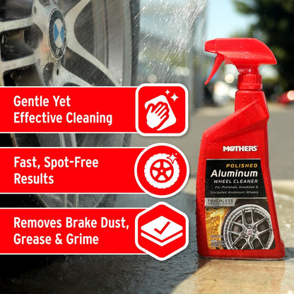 Mothers Polished Aluminum Wheel Cleaner, 24 oz. — Safely Cleans Uncoated Polished Aluminum & Anodized Wheels, Removes Brake Dust, Grease, Dirt & Grime, with Easy Spray-On, Hose-Off Formula (06024)