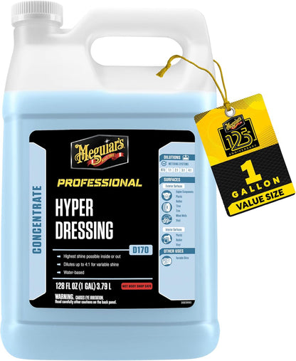 Meguiar's Hyper Dressing, 1 Gallon, Trim Shine For Drivers & Detailers— Car Wash Soap Restores Gloss And Deep Black Look; Use On Plastic And Rubber Trim, Tires, Bumpers And Wheel Wells