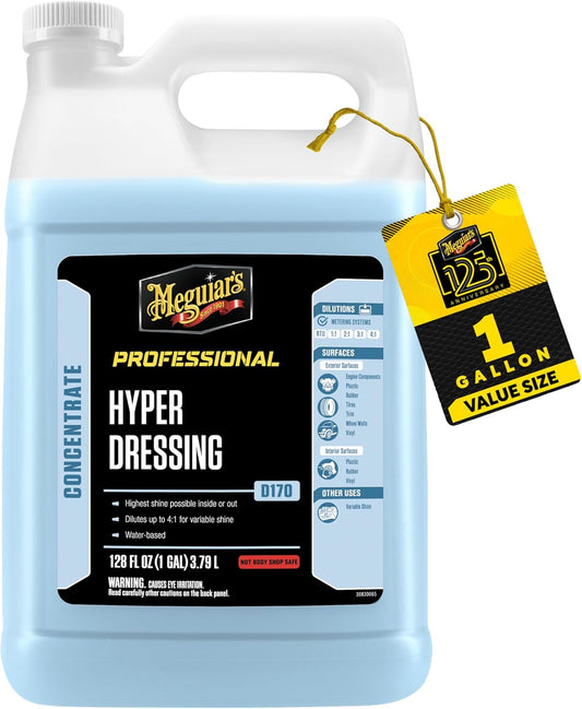 Meguiar's Hyper Dressing, 1 Gallon, Trim Shine For Drivers & Detailers— Car Wash Soap Restores Gloss And Deep Black Look; Use On Plastic And Rubber Trim, Tires, Bumpers And Wheel Wells