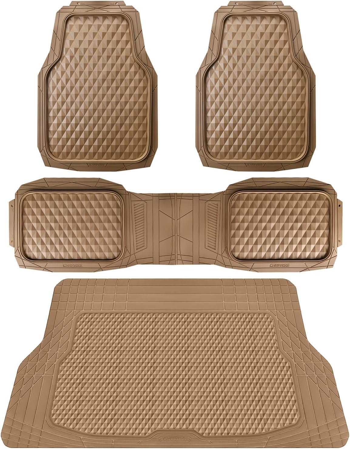 CAR PASS Heavy Duty Rubber Car Mats, Deep Dish All-Weather Floor Mat for Car Full Set Durable Anti-Slip 3D Rhombus Waterproof Trim to Fit Liner Universal Fit Automotive,Sedan,SUV,Truck, 3 Piece Black