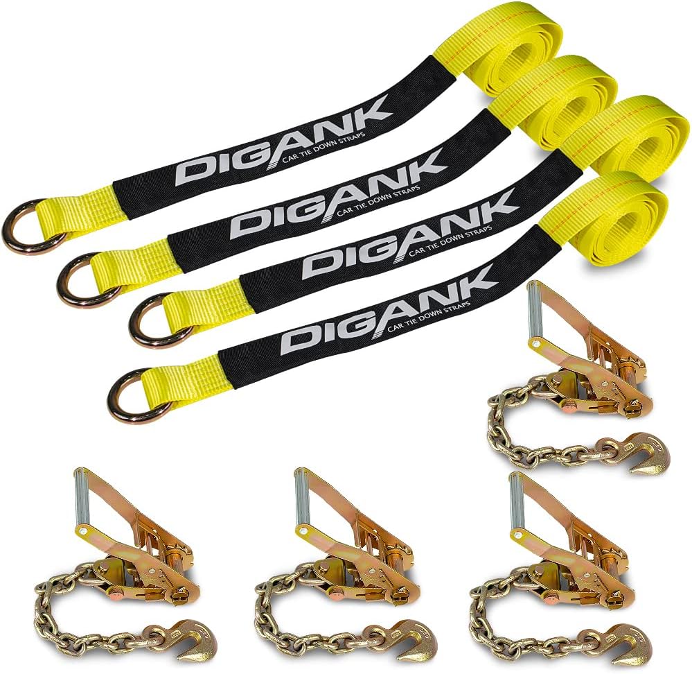 Heavy Duty Car Tie Down Straps (4PK) - 2" x 96" - 3,300 lbs Safe Working Load - Wheel Straps Comes with 5/16" Tow Hooks (Green)
