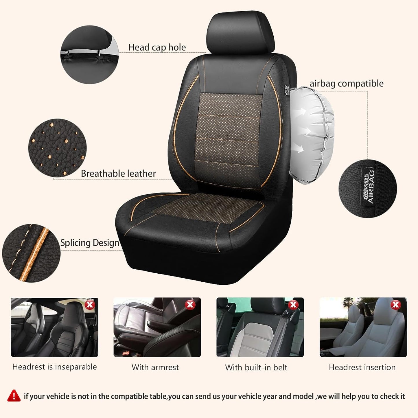 CAR PASS Universal FIT Piping Leather Two Front Seat Covers, Waterproof Faux Leather for SUV Sedan Van Truck, Airbag Compatible,Reserved Opening Holes for Headrest Covers. (Black red)