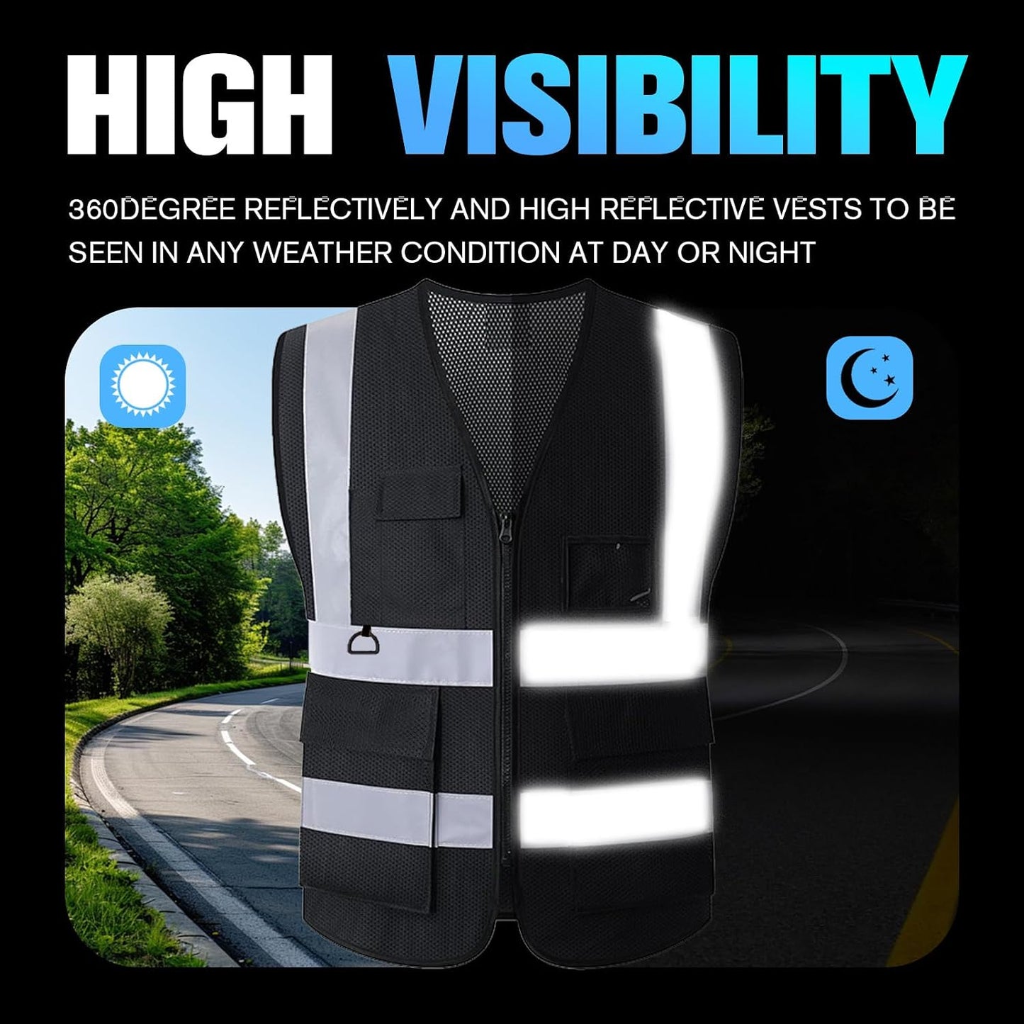 Reflective Mesh Safety Vest, Breathable Hi Vis Vest Construction Work with 5 Pockets and Zipper for Men Women