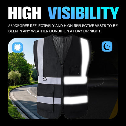 Reflective Mesh Safety Vest, Breathable Hi Vis Vest Construction Work with 5 Pockets and Zipper for Men Women