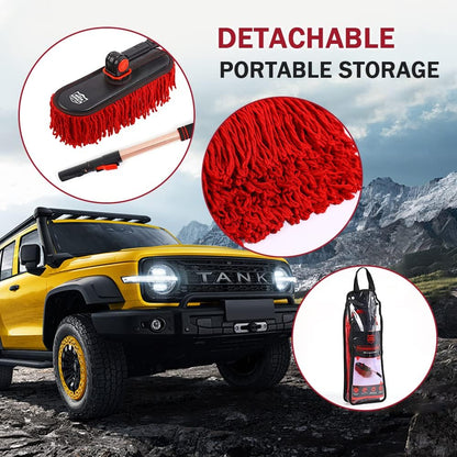 Car Duster Exterior with Extendable Handle, Scratch Free Auto Wash Brush Mop, Interior Detailing Kit for Truck RV Boat - Wax Cotton Duster & Interior Brush, Red