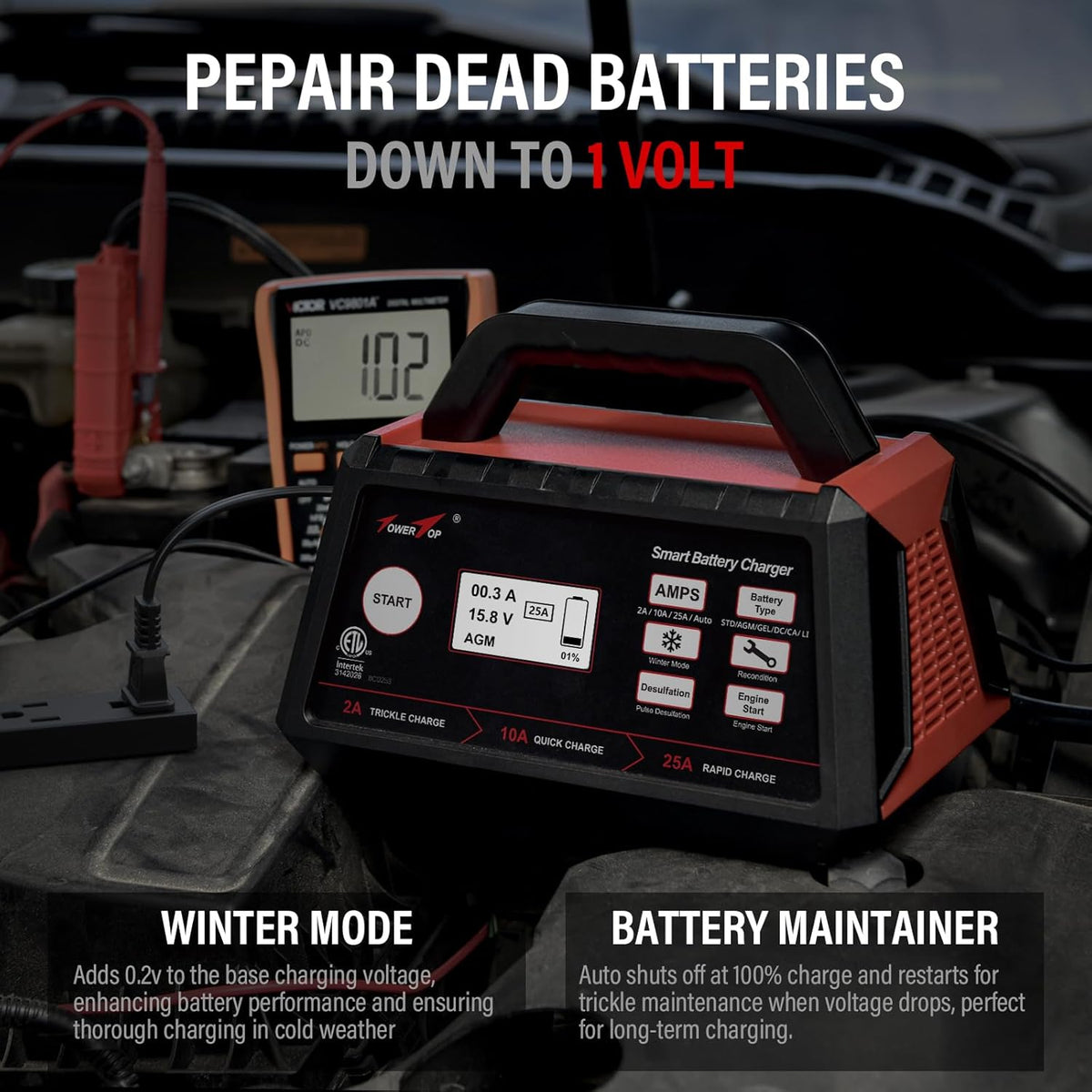 TowerTop 2/10/25 Amp 12V Smart Car Battery Charger, Fully Automatic Battery Maintainer with Engine Start, Auto Desulfator, Battery Repair, Winter Mode, for AGM, STD, Gel, Deep Cycle Batteries