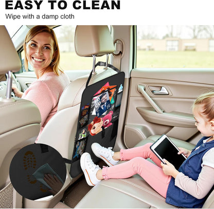 Car Backseat Organizer with Tablet Holder, 6 Storage Pockets Seat Back Protectors Kick Mats for Kids, Car Seat Protector for Road Trips 2 Pack (Black)