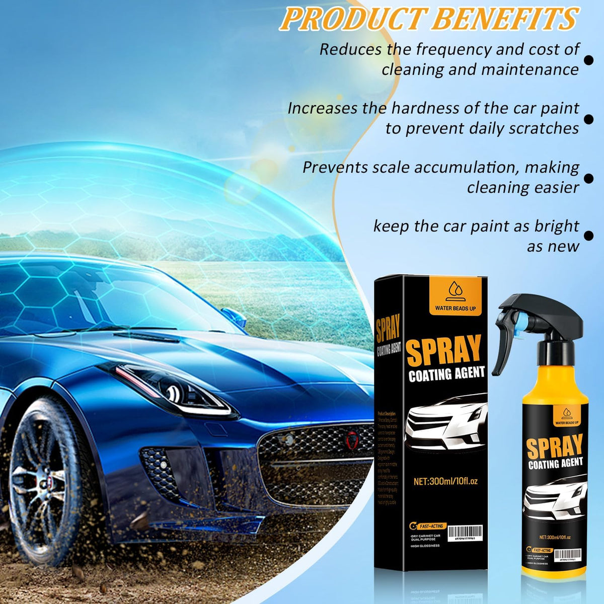 Car Coating Spray Kit, Nano Hydrophobic Ceramic Coating, Easy-to-Spray Auto Paint Protection, Includes Microfiber Cloth for Vehicle Shine & Protection300ml(1sponge+1towel)