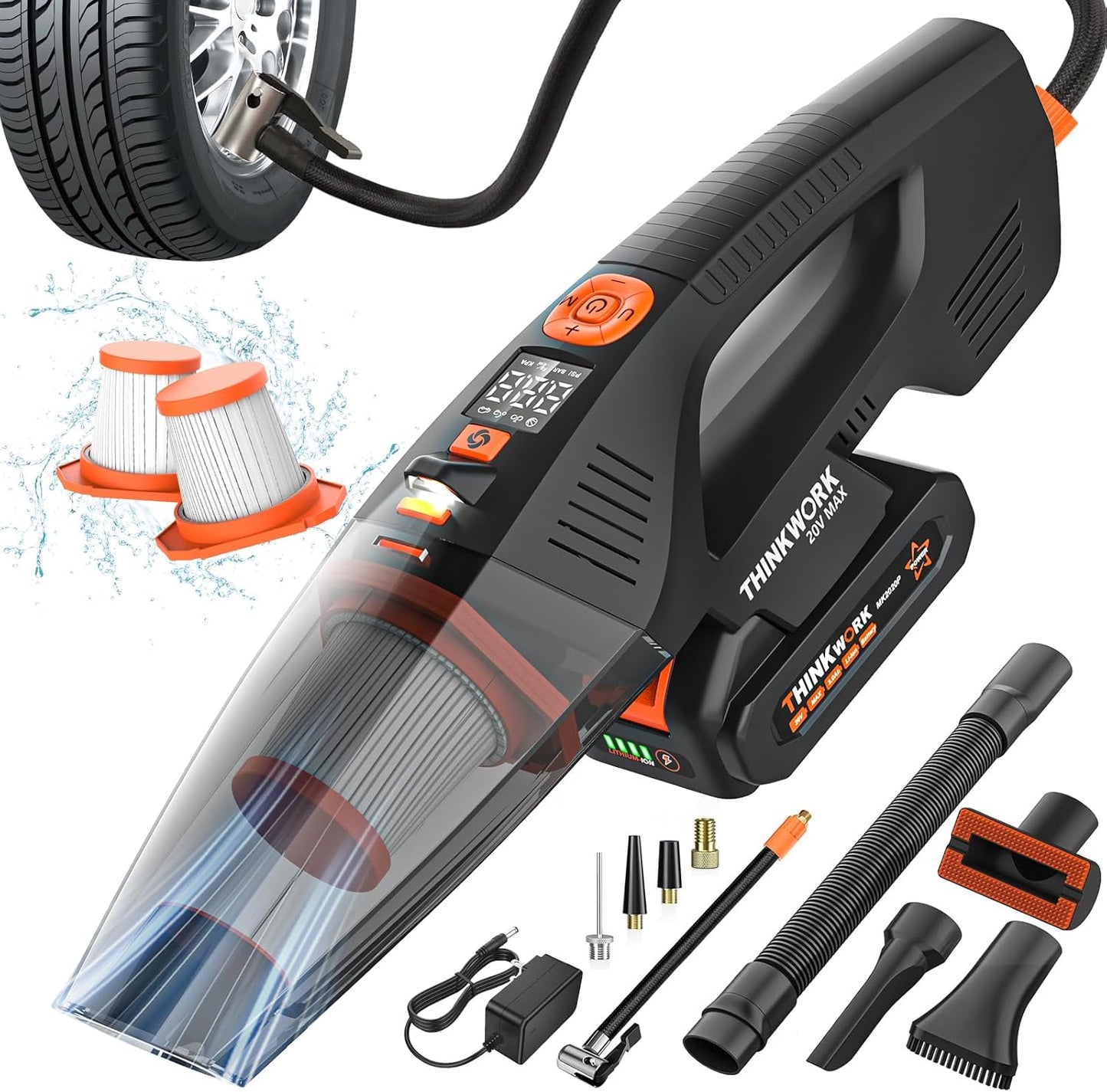 THINKWORK Car Cleaning Kit, Car Detailing Kit Interior Cleaner with High Power Handheld Vacuum, 10Pcs Detailing Brush and Storage Bag, Gray Auto Interior Cleaning Kit for Men