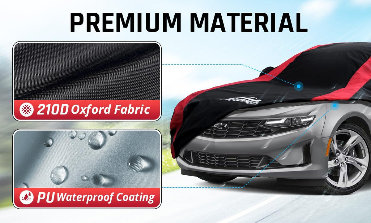 Car Cover Waterproof All Weather Protection with Red Stripe Design, Universal Fit Toyota Camry Solara, Ford Fusion, Kia Stinger Optima, Nissan Maxima, VW Passat, Subaru Legcy