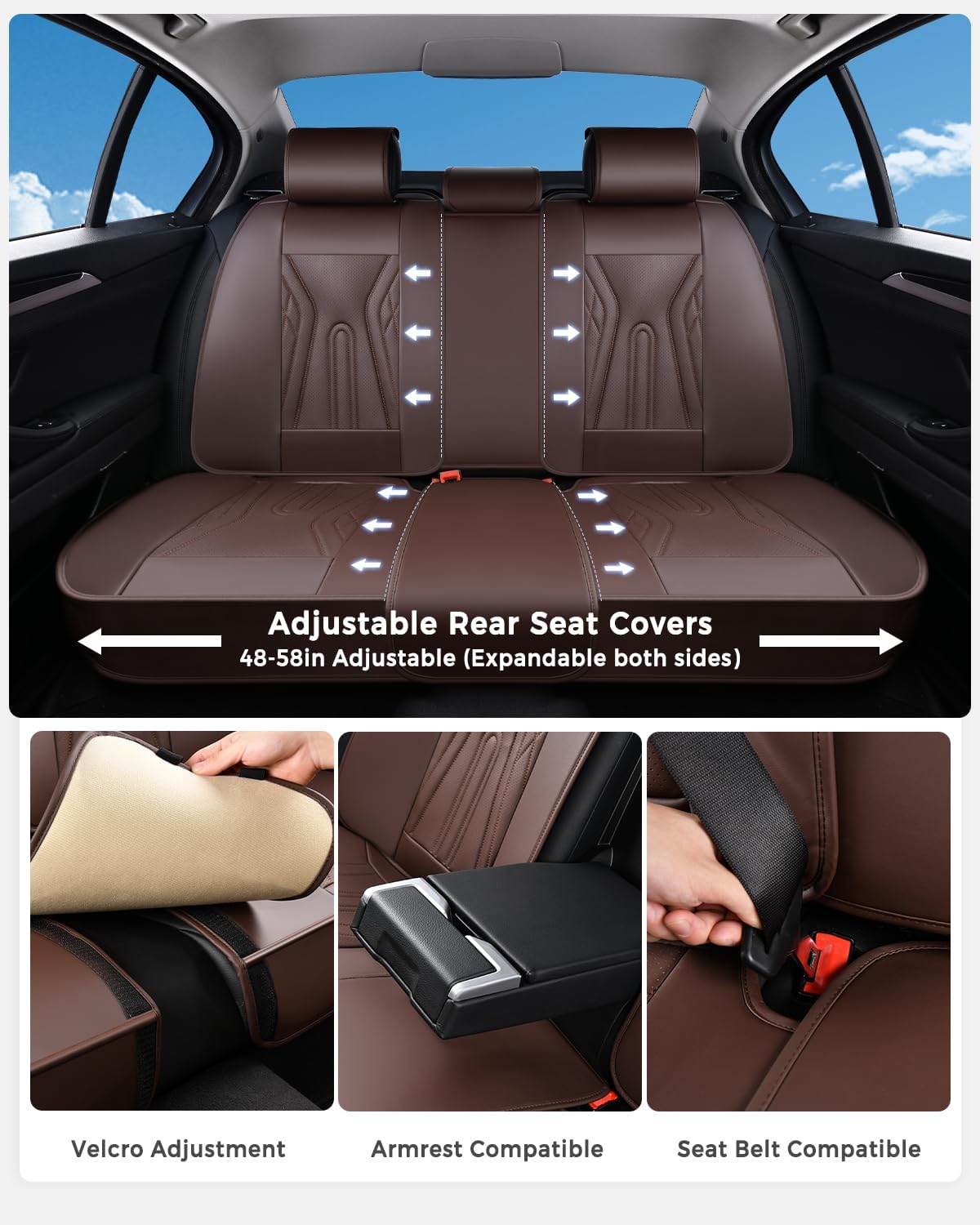 Huidasource Coffee Seat Covers Full Set, Universal Fit for Most Cars Trucks SUV, Full Coverage Leather Seat Cover, Airbag, Cupholder Compatible, Velcro Adjustable, Heaating/Cooling Function Retain