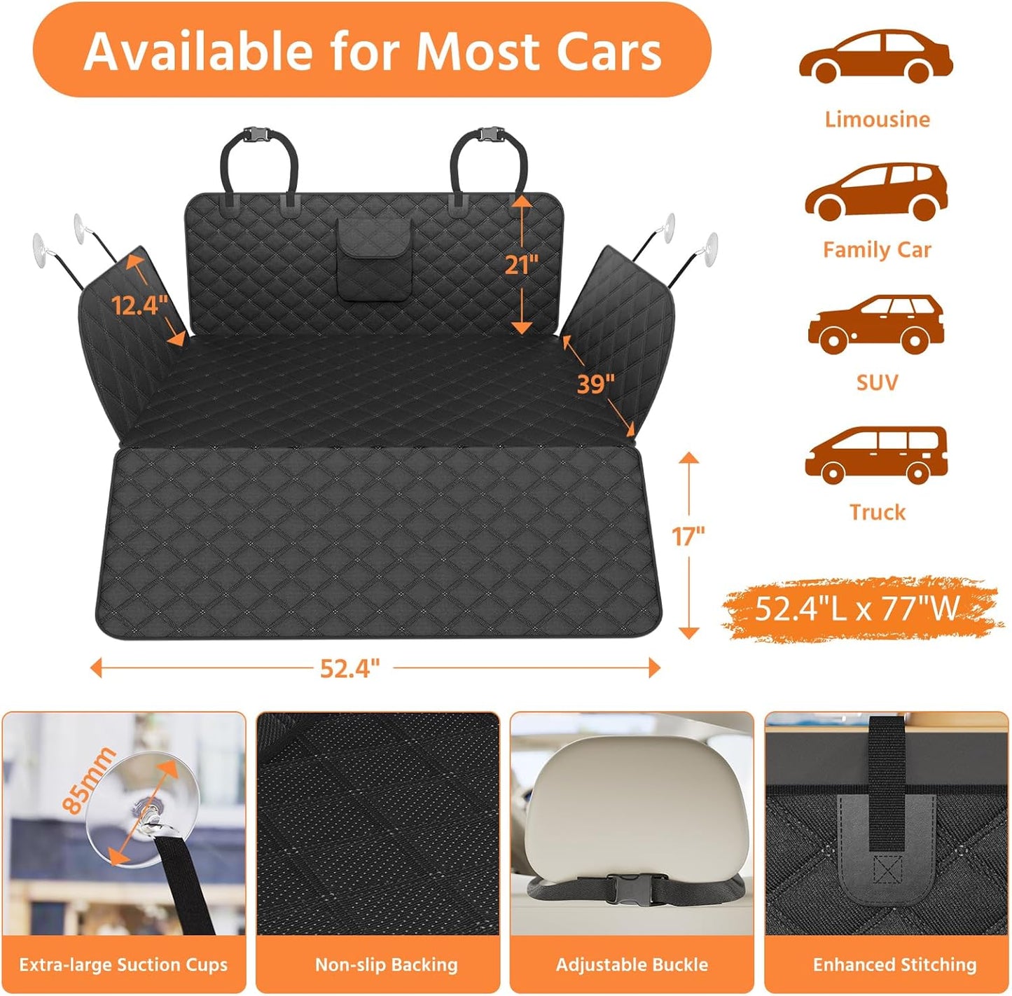 Simple Trending SUV Cargo Liner for Dogs, Waterproof Dog Car Seat Cover Mat for SUVs Sedans Vans, Universal Fit Pet Trunk Cover with Non-Slip Bumper Flap Protector, Black