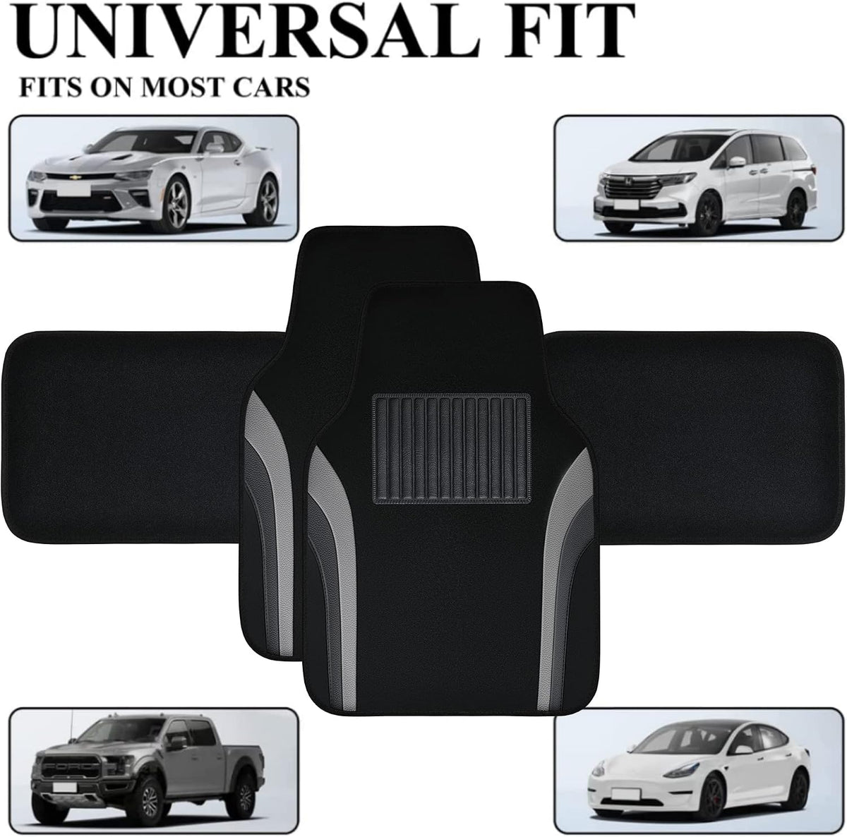 CAR PASS Leather Waterproof Sporty Car Floor Mats Carpet,Universal Automotive Floor Mat Fit for Sedans, Cars, Mid Trucks, Vans, SUV, Set of 4 (Black and Gray)