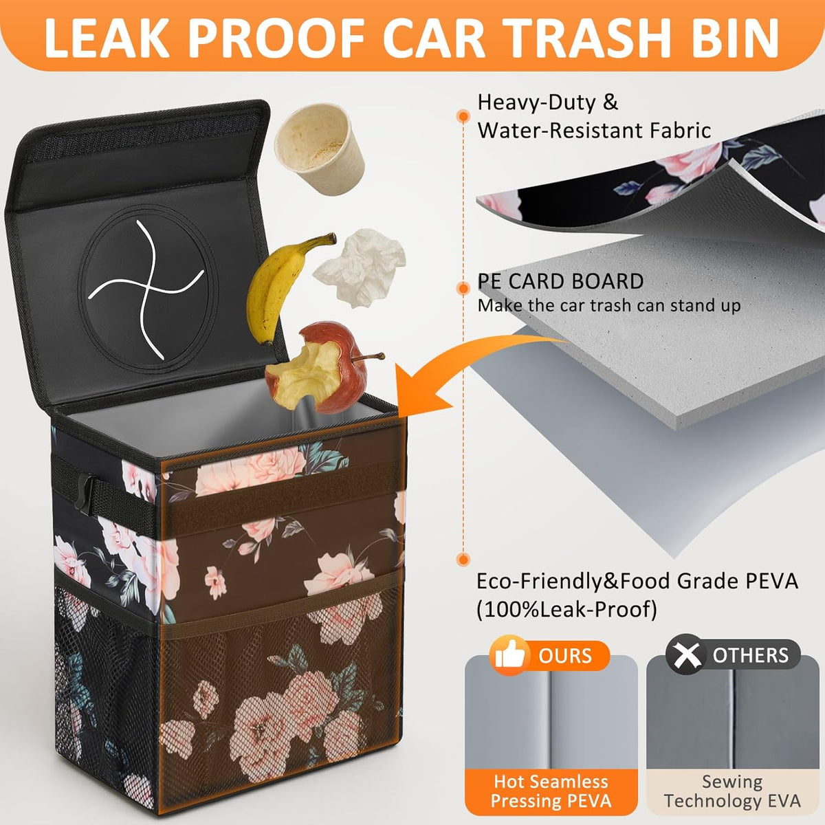Vankor Car Trash Can Bin with Lid Hanging for Back Seat, Car Accessories for Women Men Leak Proof Automotive Garbage Cans Leakproof Vehicle Trash Can for Truck SUV Black