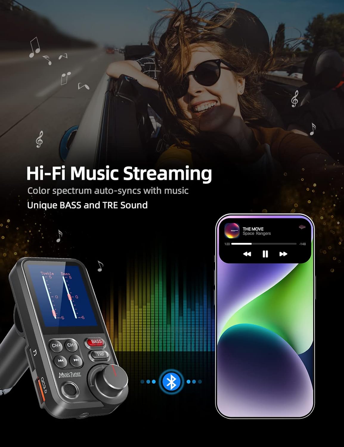 Nulaxy KM30 Bluetooth Car Adapter, FM Transmitter with 1.8" Color Screen, Hands-Free Calling Strong Mic, QC3.0 Fast Charging, Treble & Bass Sound Music Player, Wireless Radio Receiver, AUX TF USB