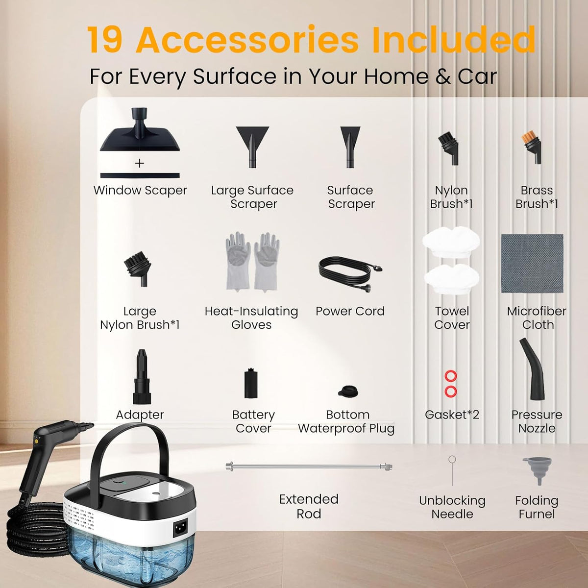 Pressurized Steam Cleaner 1.6L, 3-Level Adjustable Steamer for Cleaning, 10s Heat-Up, 2500W Handheld Steamer Cleaner for Home, Car, Kitchen, Floor, Multi-Surface Cleaning Machine, 19pcs Accessories