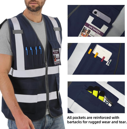 Dib Safety Reflective Safety Vest for Men Women, High Visibility Vest with Pockets and Zipper, ANSI Class 2
