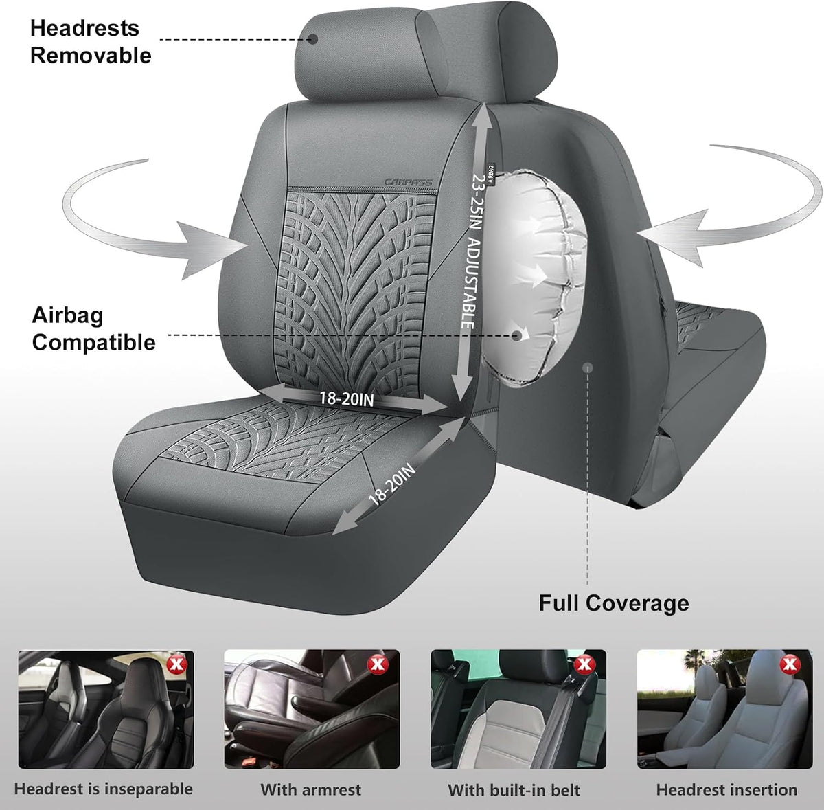 CAR PASS Car Seat Covers Full Sets, Front & Split Rear Bench for Car, 3D Tyre Embossed Automotive Interior Covers, Airbag Compatible, Quick Setup Universal Fit Seat Covers for Car, SUV(Charcoal)