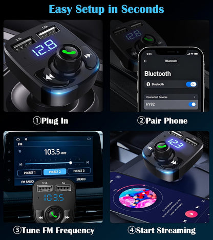 LIHAN Handsfree Calling Car Charger,Wireless Bluetooth 5.3 FM Transmitter Radio Receiver,MP3 Audio Music Adapter,Dual USB Ports,Compatible for iPhone Samsung Smartphones,Spotify & GPS Navigation