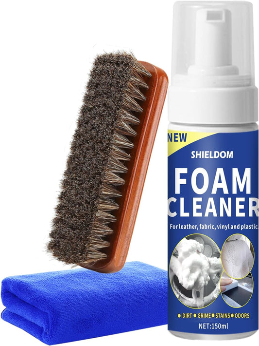SHIELDOM Car Interior Cleaner Kit Multifunctional Car Seat Foam Cleaner Powerful Carpet Upholstery Stain Remover with Detailing Brush & Towel Safe for Cloth, Leather, Fabric, Vinyl & Plastic 5oz