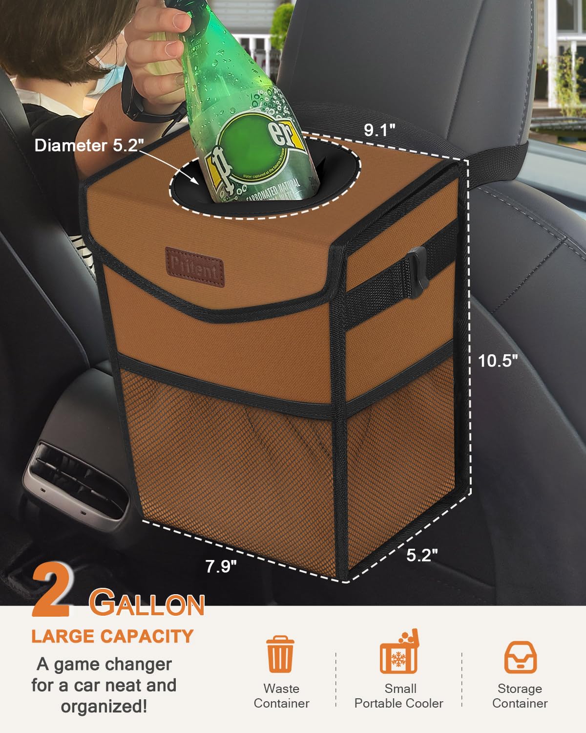 Pritent Car Trash Can with Lid, Cute Leakproof Car Trash Garbage Bag Hanging Vehicle Trash Bin Small Portable Automotive Garbage Cans Organizer for Back/Front Seat/Console(Trapezoid,Black)