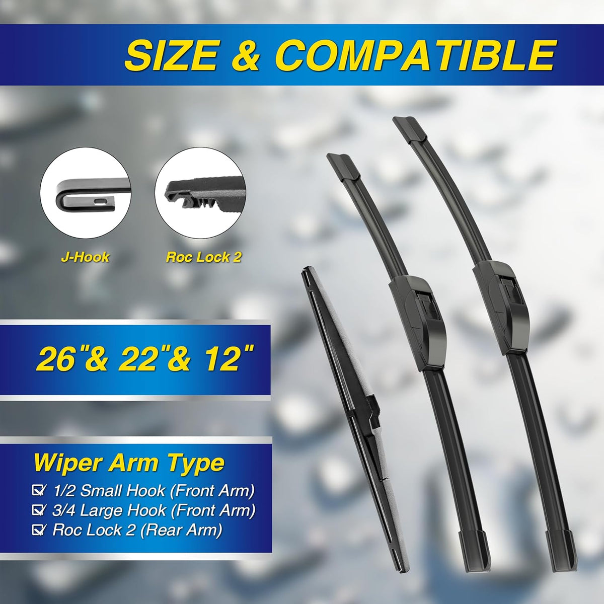 5 PLUS® Silicone Windshield Wipers Replacement for 2019-2024 Toyota RAV4/ 2006-2015 Mazda 5 Wiper Blades(Set of 3), Windshield Wiper Blades For My Car-26"/16"/12" - Colors A