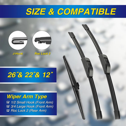 5 PLUS® Silicone Windshield Wipers Replacement for 2019-2024 Toyota RAV4/ 2006-2015 Mazda 5 Wiper Blades(Set of 3), Windshield Wiper Blades For My Car-26"/16"/12" - Colors A