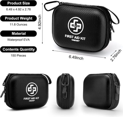 Mini First Aid Kit - 150 Piece Small Waterproof Hard Shell Medical Kit for Home, Car, Travel, Camping, Truck, Hiking, Sports, Office, Vehicle & Outdoor Emergencies- Small First Aid Medical Kit (Red)
