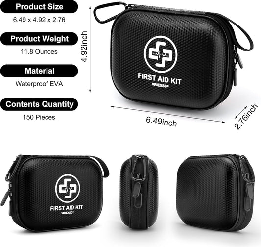 Mini First Aid Kit - 150 Piece Small Waterproof Hard Shell Medical Kit for Home, Car, Travel, Camping, Truck, Hiking, Sports, Office, Vehicle & Outdoor Emergencies- Small First Aid Medical Kit (Red)
