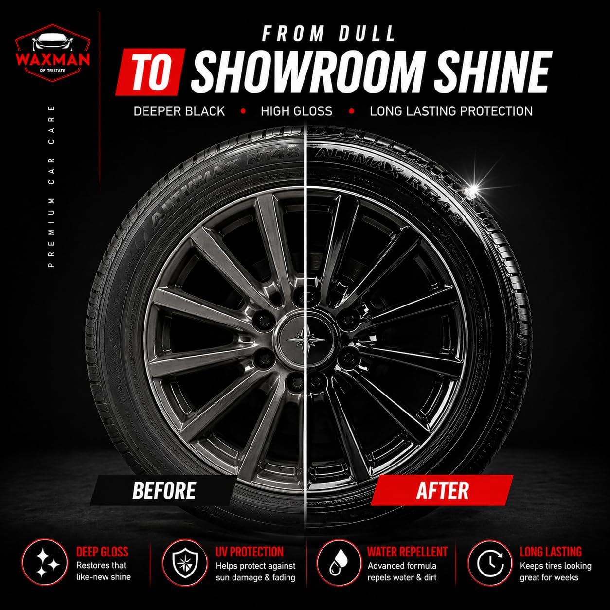 Tire Shine Spray – 18.6 fl oz, High-Gloss Hydrophobic Tire Dressing, Safe for All Vehicles