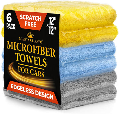 Super Soft Microfiber Towels for Cars - Edgeless - 6pk (12”x12”) - Premium Scratch-Free Towel - Great for Drying, Detailing, Polishing, Buffing - Ultra Absorbent Microfiber Cleaning Cloths for Car