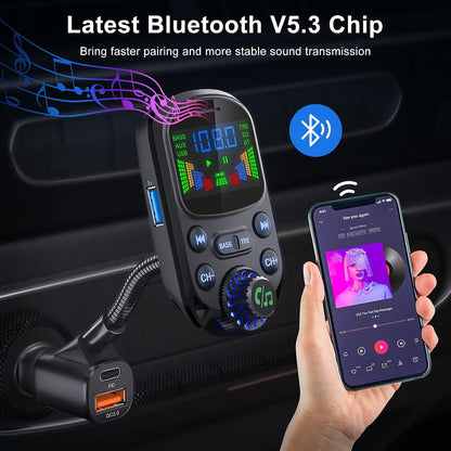 Bluetooth 5.3 FM Transmitter for Car SOARUN Bluetooth Car Adapter PD30W & USB Port Fast Charge, HiFi Treble & Bass Player, 1.6" Display Hands-Free Calling Truck Radio with AUX Input/Output, TF Card