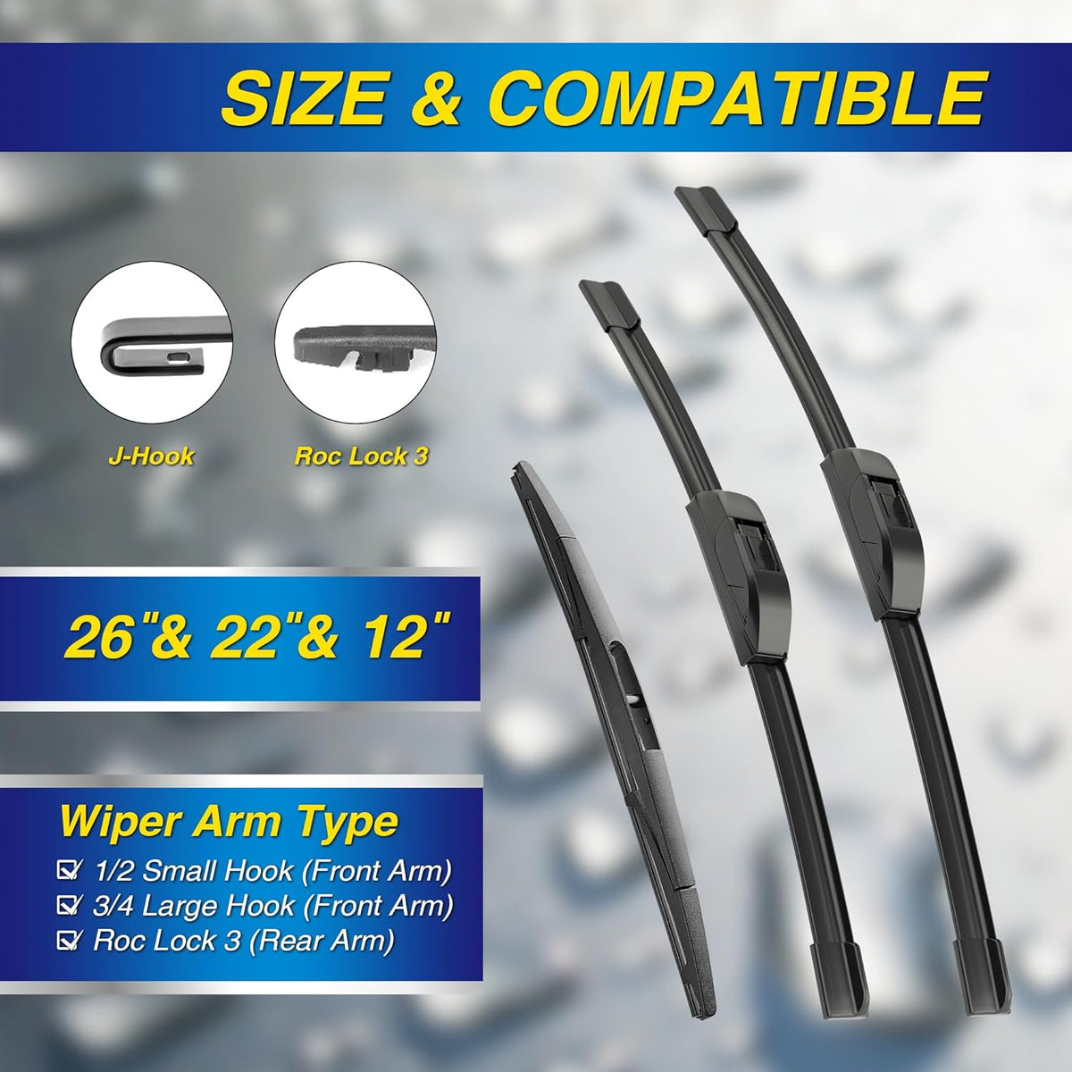 5 PLUS® Silicone Windshield Wipers Replacement for 2019-2024 Toyota RAV4/ 2006-2015 Mazda 5 Wiper Blades(Set of 3), Windshield Wiper Blades For My Car-26"/16"/12" - Colors C