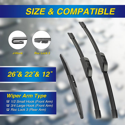 5 PLUS® Silicone Windshield Wipers Replacement for 2019-2024 Toyota RAV4/ 2006-2015 Mazda 5 Wiper Blades(Set of 3), Windshield Wiper Blades For My Car-26"/16"/12" - Colors C