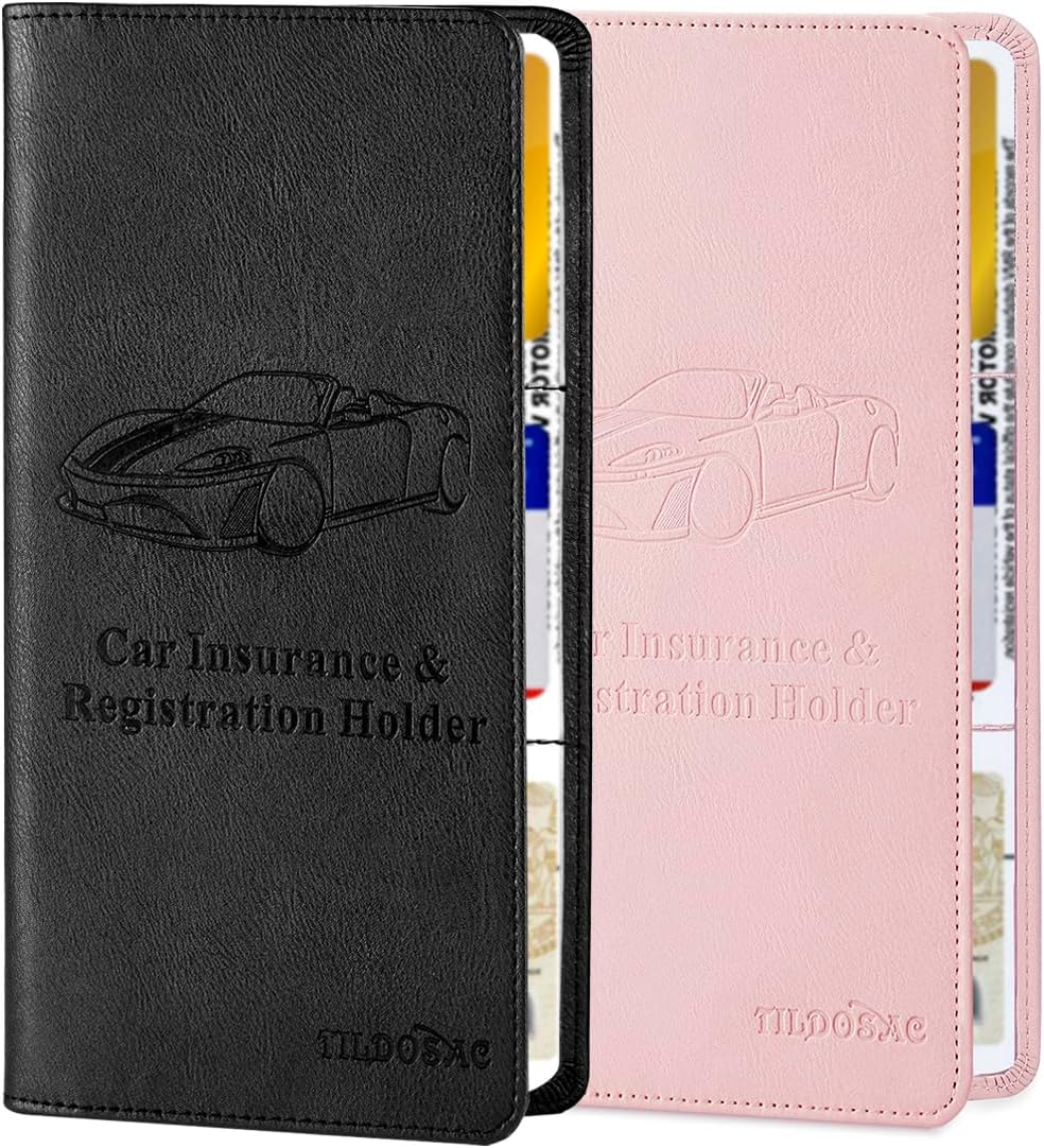 TILDOSAC 2Pack Leather Car Registration and Insurance Card Holder, Car Document Holder for Cards License with Magnetic Shut (Black)