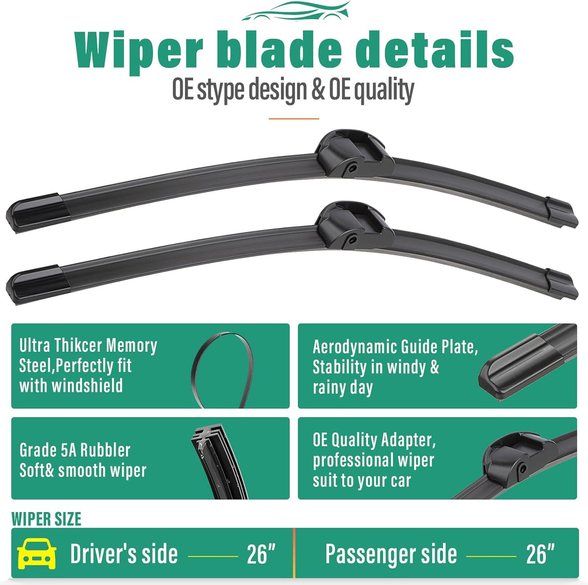 26" 16" 11" Windshield Wiper Blades Replacement for Chevrolet Chevy Trax 2024 2025 2026 Premium All Weather Front Rear Wipers Set - OEM Quality (Pack of 3) - Colors E