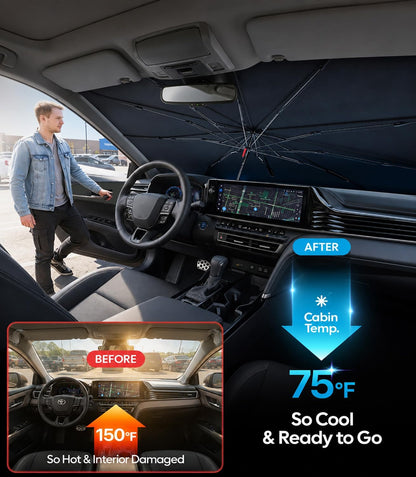 Wigoo Windshield Sun Shade Umbrella for Tesla Model Y [100% Sun Blockage, Ice Cooling Fabric] Foldable Heat Insulation Front Window Sunshade Umbrella for Tesla Model Y 2020–2026 (Juniper)