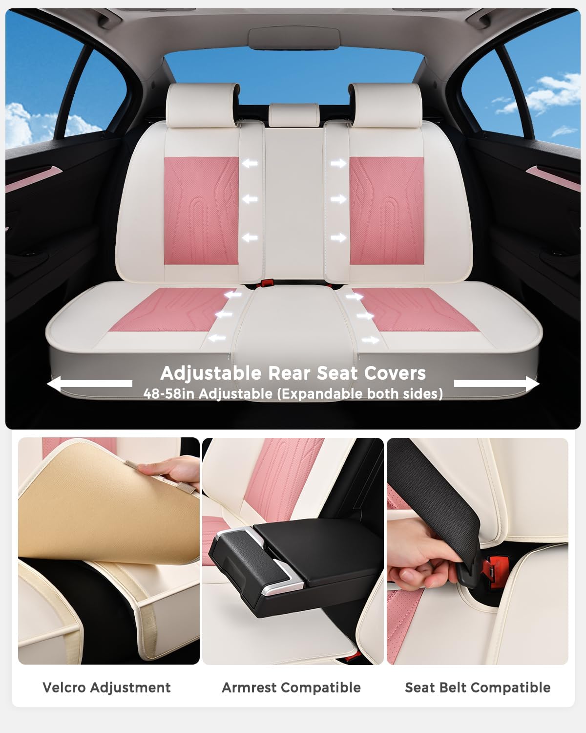 Huidasource Coffee Seat Covers Full Set, Universal Fit for Most Cars Trucks SUV, Full Coverage Leather Seat Cover, Airbag, Cupholder Compatible, Velcro Adjustable, Heaating/Cooling Function Retain